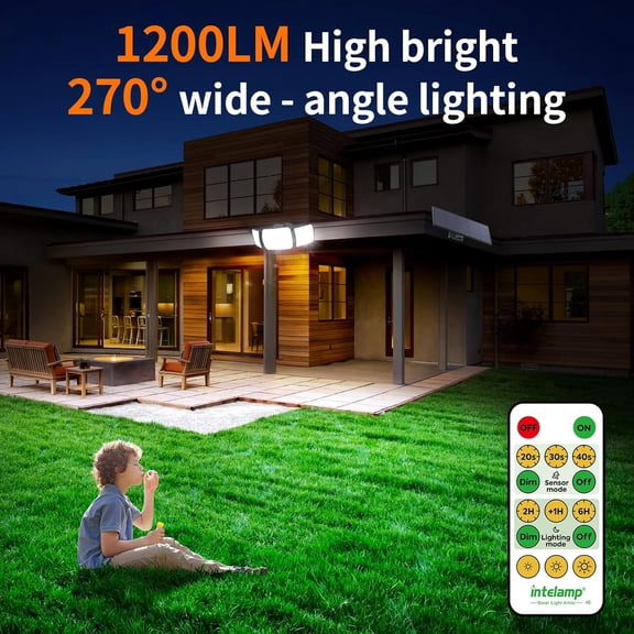 Solar Lights Outdoor, 3 Head Solar Motion Sensor Lights for Outside, lP65 Waterproof,Separate Panel with 9FT Cable Remote Control Flood Lights(2Pack)