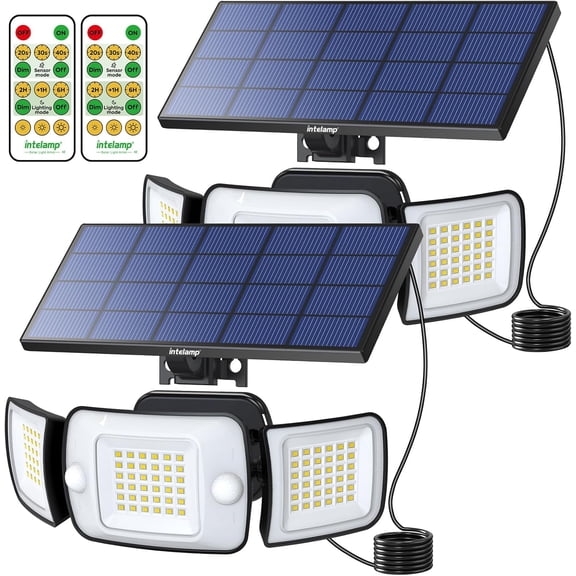Solar Lights Outdoor, 3 Head Solar Motion Sensor Lights for Outside, lP65 Waterproof,Separate Panel with 9FT Cable Remote Control Flood Lights