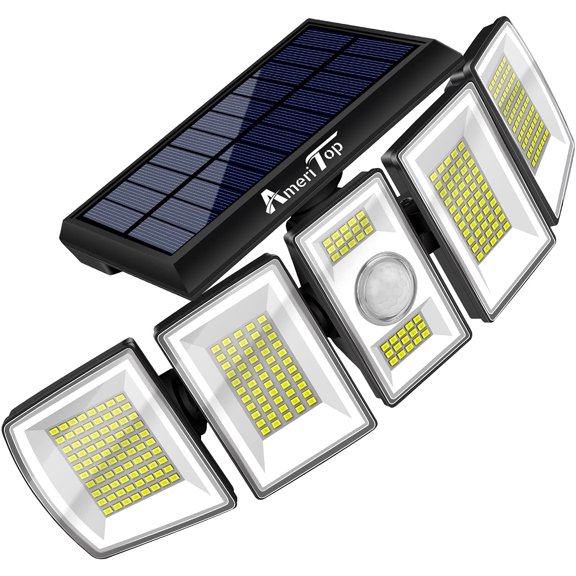 Solar Lights Outdoor, 300 LED 7000K Motion Sensor Lights Cordless; 5 Adjustable Heads, 360° Wide Angle Illumination, IP65 Waterproof, Security LED Flood Light for Patio Yard Garden