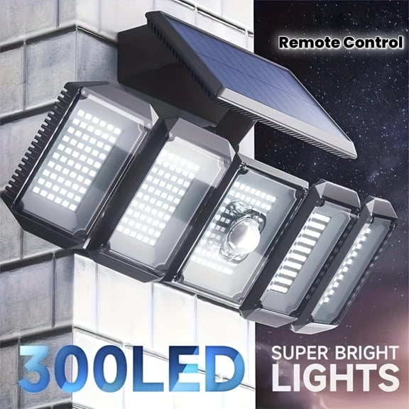 Solar Lights Outdoor, 300LED 7000K Motion Sensor Outdoor Light with Remote Control, Security Lights 5 Adjustable Heads, LED Flood Lights for Garage Yard Garden