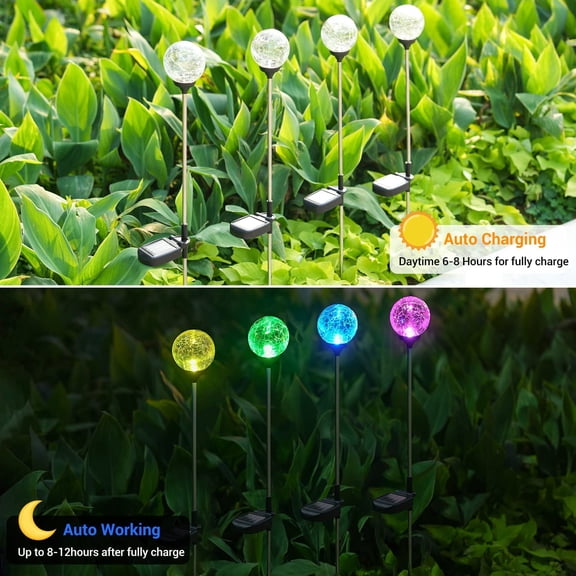 Solar Lights Outdoor 4 Pack Garden Stake Lights Waterproof Cracked Crystal LED Color Changing Solar Pathway Lighting Auto On/Off for Landscape Yard Christmas Decoration