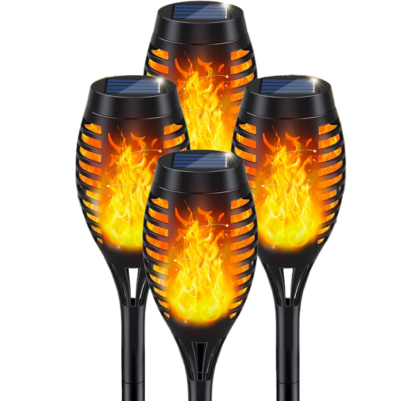 Flickering Flame Solar Torch Lights For Garden Pathway TomCare 99 LED Solar Torch Lights 4-Pack - 43 Inch Flickering Flame Outdoor Pathway Lighting For Garden & Patio Patio Solar Lights