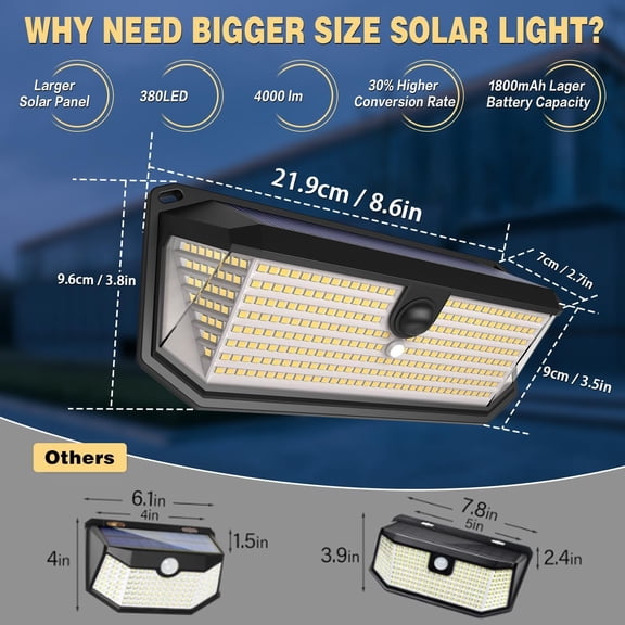 Solar Lights Outdoor, 4000LM 380 LEDs Solar Motion Lights Outdoor Waterproof, 3 Modes 270° Wide Angle Security Light for Stairways/Front Door/Garage/Deck(4 Pack)