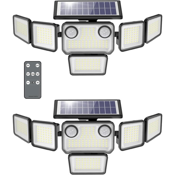 Solar Lights Outdoor, 6000LM 310 LEDs Dual Motion Sensor Solar Flood Lights 6 Heads Security Wall Lights, IP65 Waterproof, Remote Control for Garden, Outside, Backyard, 2 Pack