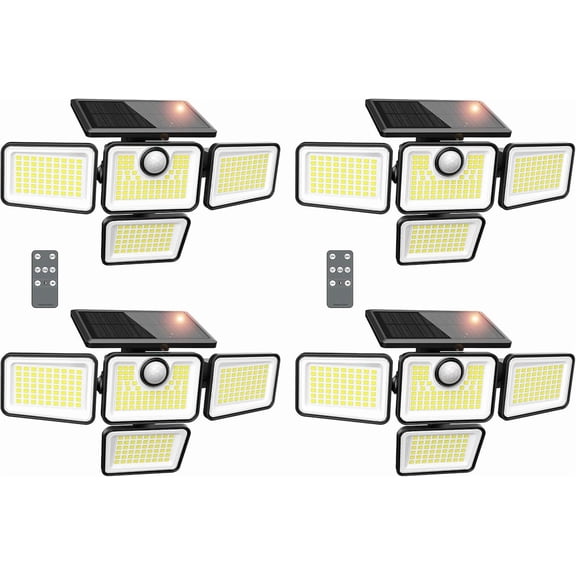 Solar Lights Outdoor, 6000LM 4 Heads Motion Sensor Lights, 3 Mode, IP65 Solar Wall Lights, Remote Control Flood Lights for Garden, Outside, Backyard, 4 Pack