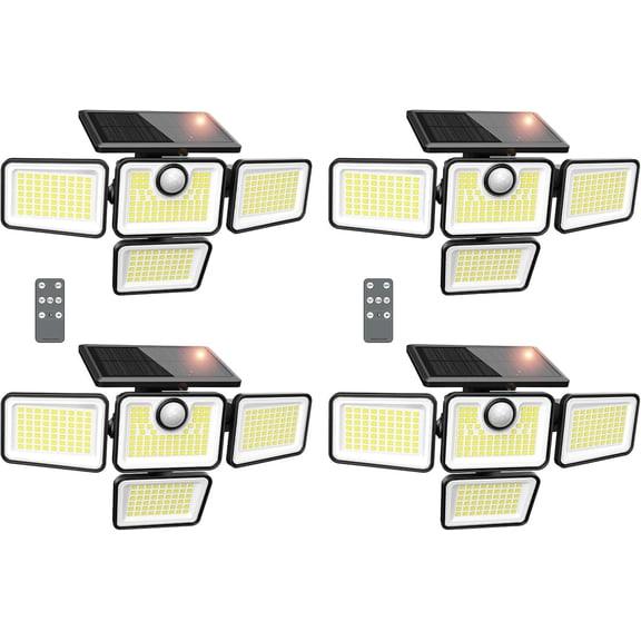 Solar Lights Outdoor, 6000LM 4 Heads Motion Sensor Lights, 3 Mode, IP65 Solar Wall Lights, Remote Control Flood Lights for Garden, Outside, Backyard, 4 Pack