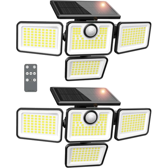 Solar Lights Outdoor, 6000LM 4 Heads Motion Sensor Lights, 3 Mode, IP65 Waterproof Solar Security Wall Lights, Remote Control Flood Lights for Garden, Outside, Backyard, 2 Pack