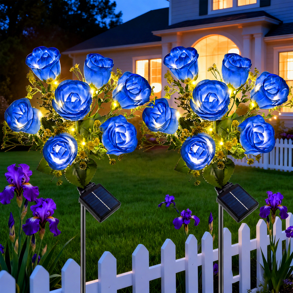 Rirool 2-Pack Blue Solar Rose Flower Garden Stake Lights, 7 Heads Outdoor Waterproof Decorative Lights with 8 Modes, Auto On/Off Warm White LED for Yard Lawn Patio Pathway Decor