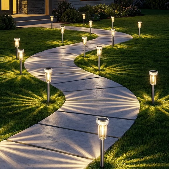 Solar Lights Outdoor,Solar Pathway Lights Dusk-to-Dawn Garden Lighting, Waterproof LED Stainless Steel Pole, Outdoor Solar Lights for Path Walkway Yard Driveway Decor - Warm White
