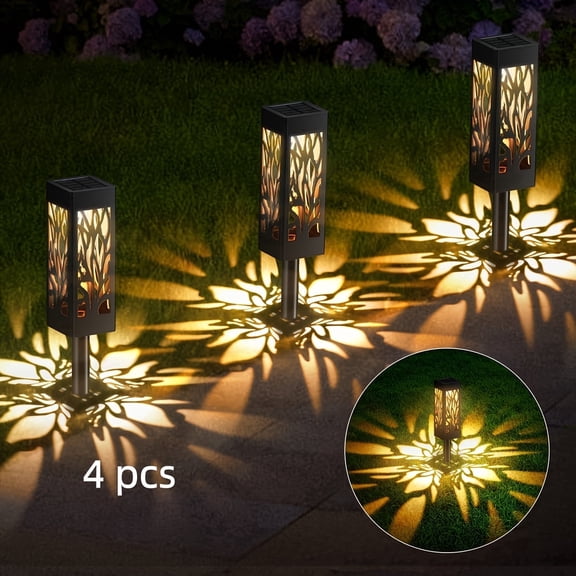Solar Lights Outdoor Bright Solar Pathway Lights, 4 Pack, Hollow Tree Pattern Projection LED Garden Lights, Warm White Waterproof Stake Landscape Lights for Yard Lawn Patio Walkway
