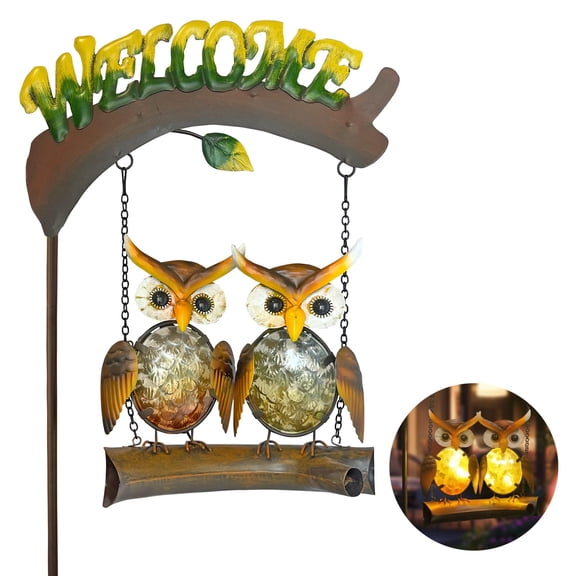 Solar Lights Outdoor Decor, Owl Swing Garden Decor, Owl Gifts for Women Mom, Whimsical Garden Lights Outdoor Decorations with Welcome Sign for Outside Patio Yard Lawn Decor