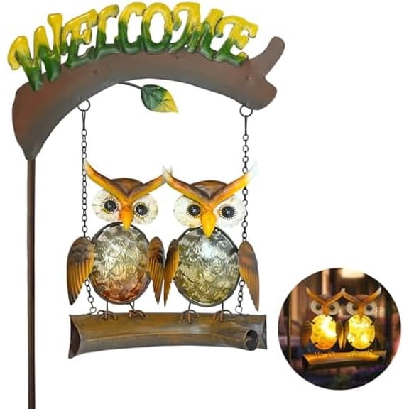 Solar Lights Outdoor Decor, Owl Swing Garden Decor, Owl Gifts for Women Mom, Whimsical Garden Lights Outdoor Decorations with Welcome Sign for Outside Patio Yard Lawn Decor-48inch