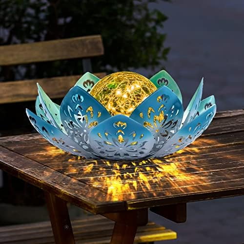 Solar Lights Outdoor Decorative - Bright Blue Lotus Flower Table Lamp, Glass Globe 30 LED Waterproof Metal Decorations Gifts for Mom Women Garden Patio Pathway Yard Balcony Outside Decor
