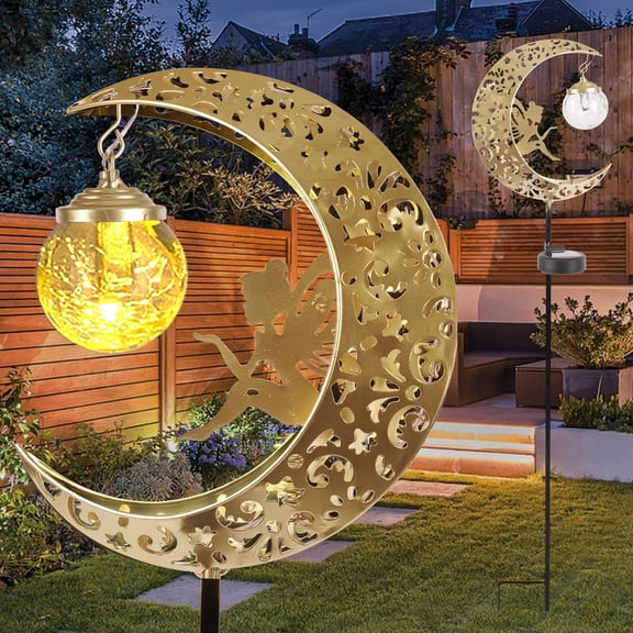 Solar Lights Outdoor Fairy Moon Crackle Glass Lights with Metal Angel Decor for Walkway Yard Patio or Garden Gifts for Mom Grandma