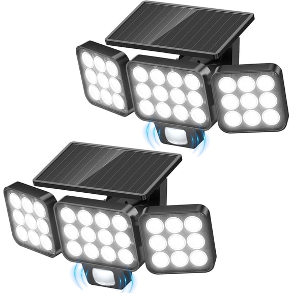 Solar Lights Outdoor Flood Light, 3500LM Bright Motion Sensor Lights, 3 Heads & Upgrade Glass Panel, LED Powered Security Light Spotlights Waterproof for Outside Yard-2Pack
