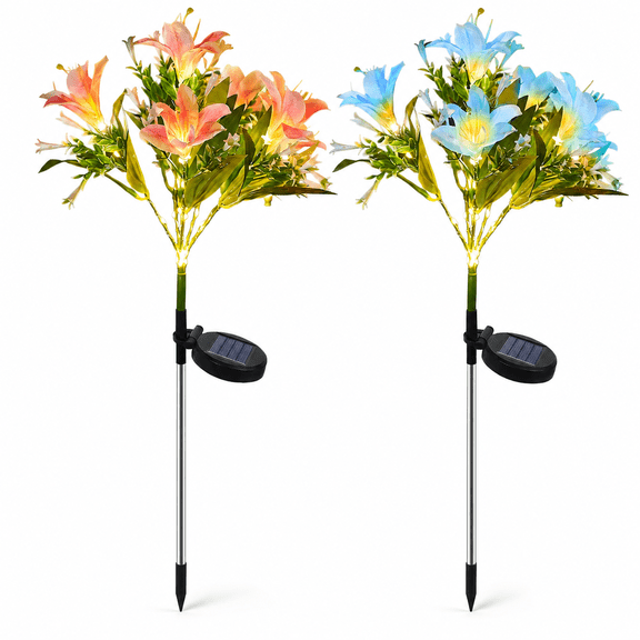 Rirool 2 Pack Solar Flower Lights Outdoor, 28 LED Waterproof Pink Blue Lily Garden Stake Lights, Dusk to Dawn Solar Pathway Decor for Yard Patio Lawn Flowerbed Walkway Camping Gifts