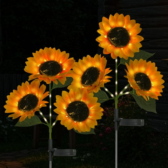 TopZoo 2PCS Solar Lights Outdoor, Three Head LED Sunflower Garden Lights, Waterproof, Auto On/Off Garden Decor Lights for Yard, Pathway, Patio, Porch