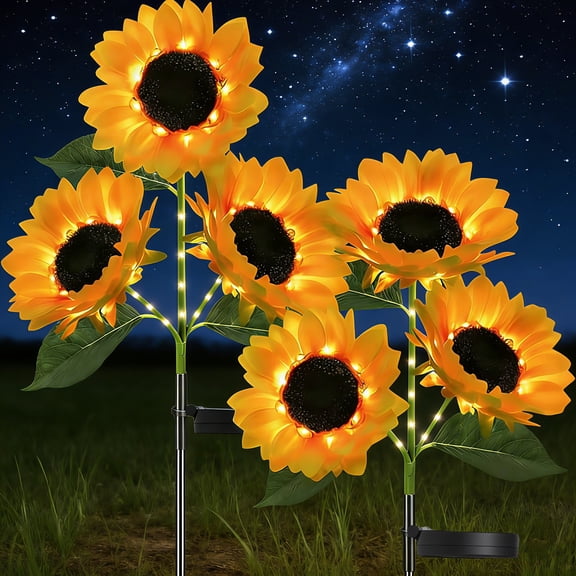 TopZoo 2PCS Solar Lights Outdoor, Three Head LED Sunflower Garden Lights, Waterproof, Auto On/Off Garden Decor Lights for Yard, Pathway, Patio, Porch