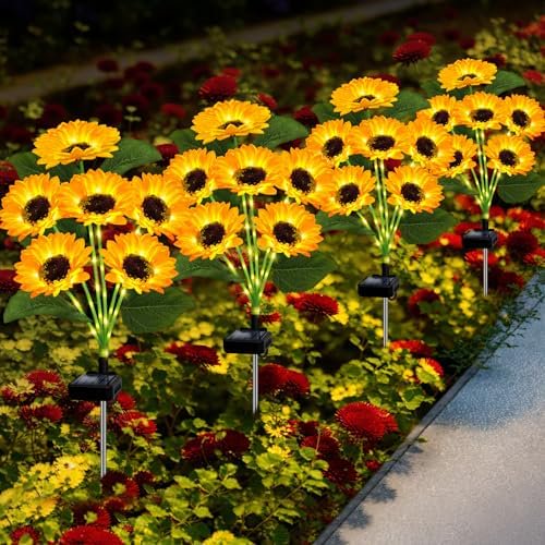 Solar Lights Outdoor Garden Decor,4 Pack with 24 Sunflower Lights,Solar Flowers Lights Waterproof,Birthday Gifts,Outside Decorative Stakes Light for Landscape Yard Patio Lawn