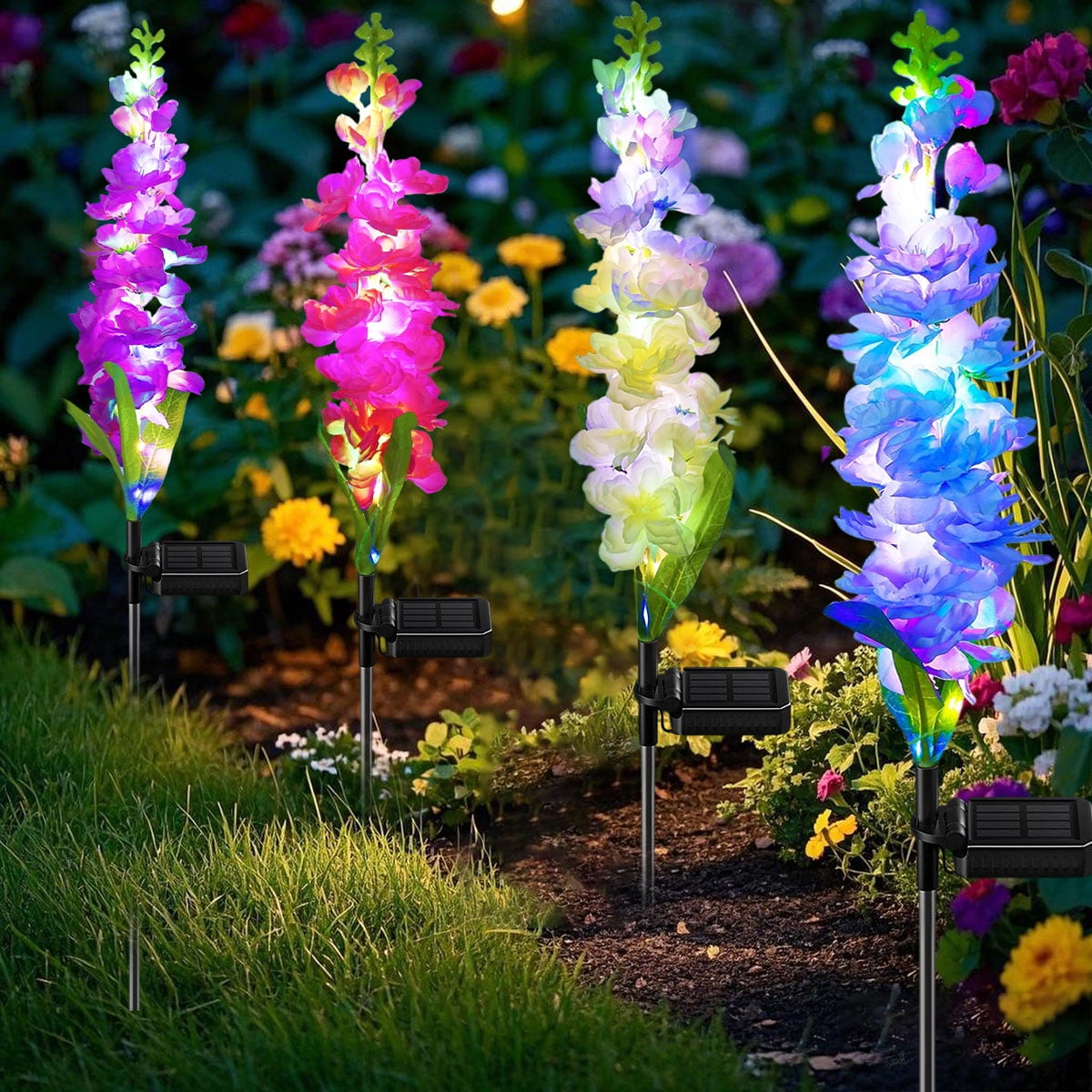 Rirool Solar Lights Outdoor, 4 Pack Delphinium Solar Garden Lights with 36 LEDs, Waterproof Solar Flowers for Yard, Patio, Lawn Dcor