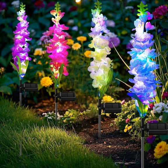 Rirool Solar Lights Outdoor, 4 Pack Delphinium Solar Garden Lights with 36 LEDs, Waterproof Solar Flowers for Yard, Patio, Lawn Dcor