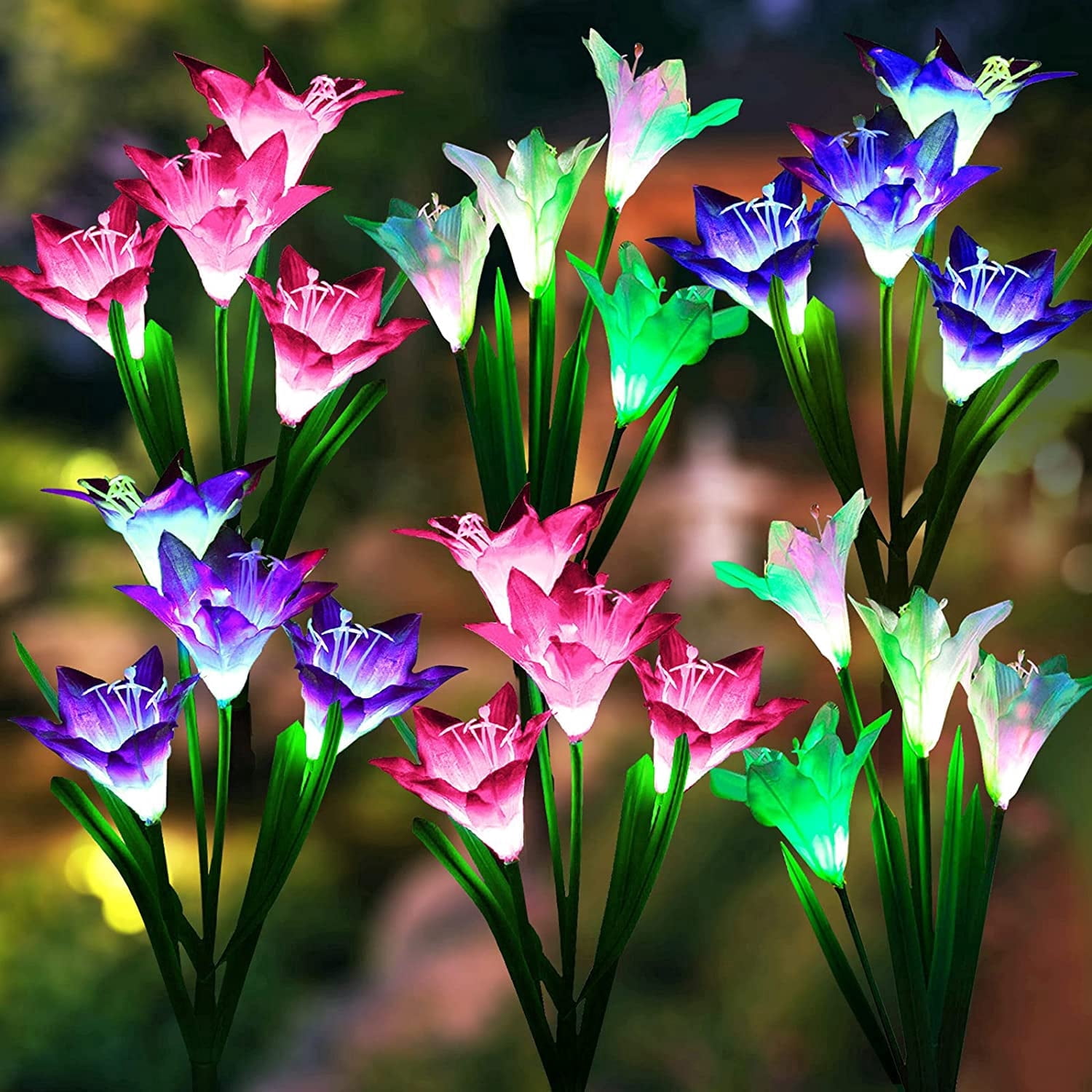 Solar Lights Outdoor Garden Decor, KOMI 6 Pack Upgraded Solar Garden Lights with 24 Lily Flowers, Waterproof Color Changing Outdoor Lights Solar Powered Flower Lights for Patio Yard Garden Decoration