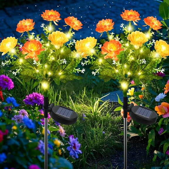 Rirool 2 Pack Solar Flower Lights Outdoor - 14 Blooming Waterproof Snow Lotus Garden Lights for Festive Patio, Yard, Pathway, and Landscape Decoration - Auto On/Off, IP65