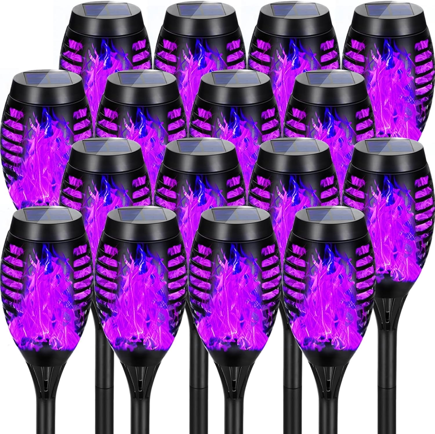 Solar Lights Outdoor Halloween Decorations, Upgraded 16 Pack Purple Solar Torch Lights with Flickering Flame, Waterproof Halloween Lights Outdoor, Torches for Outside Patio Pathway Decor