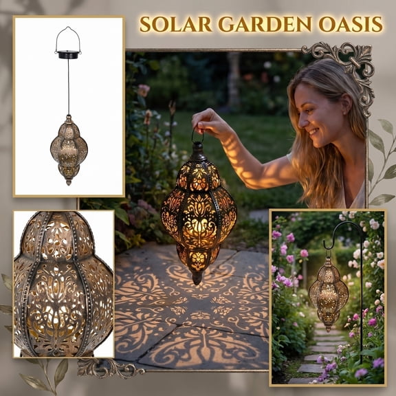 Solar Lights Outdoor Hanging Moroccan Lantern – Decorative Path Lights,Bronze Metal Waterproof Landscape Lighting for Porch Decor