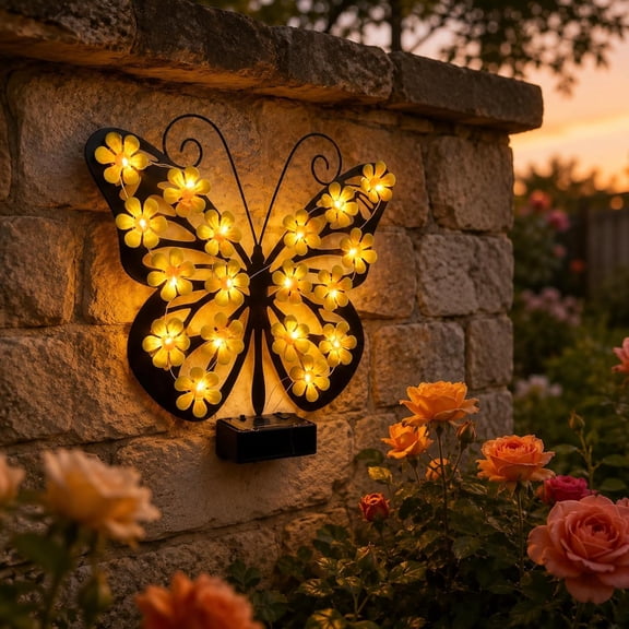 Solar Lights Outdoor Metal Butterfly Wall Decor, Solar Butterfly Garden Light with LED Flower Glow, Waterproof Hanging Metal Art for Fence Yard Patio Porch Backyard Decorations