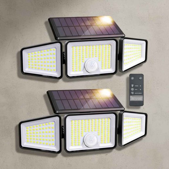 Solar Lights Outdoor Motion Sensor, 2600LM 220 LED High Brightness, 3 Head 270 Wide Angle Flood Lights, Remote Control Security Lights, IP65 Waterproof Wireless Wall Light
