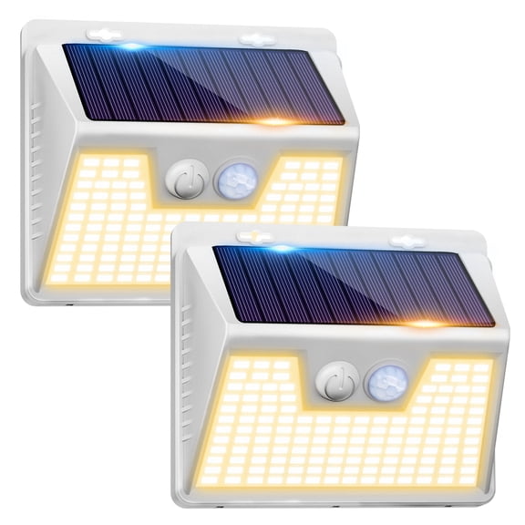 Solar Lights Outdoor Motion Sensor, 7 Pack 140LED 3 Modes IP65 Solar Powered Wall Lights for Outside Garden Fence Yard Garage,white version, warm yellow light