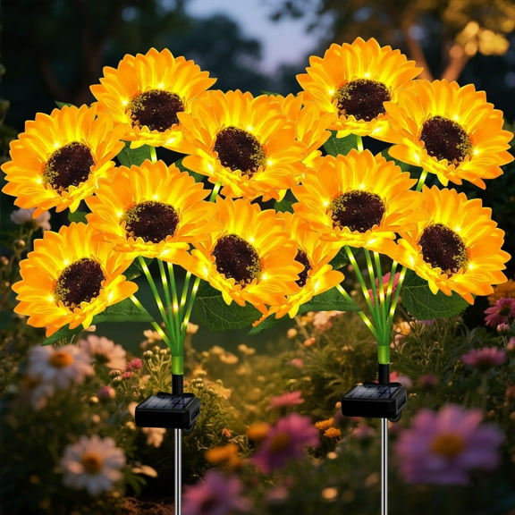 GLUAAE 2 Pack Solar Sunflower Lights Outdoor - 12 LED Sunflower Stake Lights, Waterproof Garden Lights for Yard, Pathway, Patio Decor (Warm White)