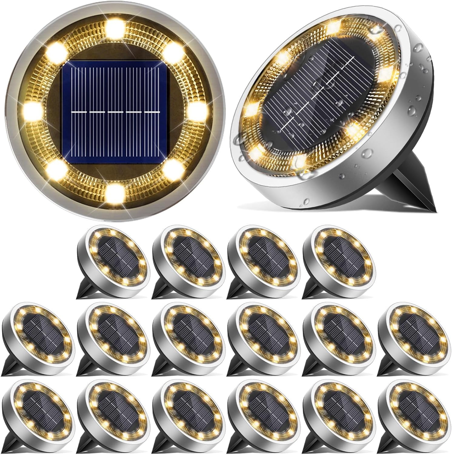 Solar Lights Outdoor Pathway, Solar Ground Lights 18 Pack Outdoor Waterproof, 3000K Warm White LED Disc Lights for Yard Garden Pathway Driveway Lawn, 18 Pcs Warm white
