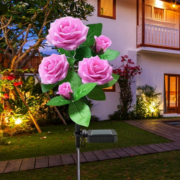 Solar Lights Outdoor Rose Flower, 1 Pack Solar Powered Garden Decorations with 5 Bigger Rose Flower, WaterproofLights for Garden Patio Yard Pathway Decoration (Pink Rose)