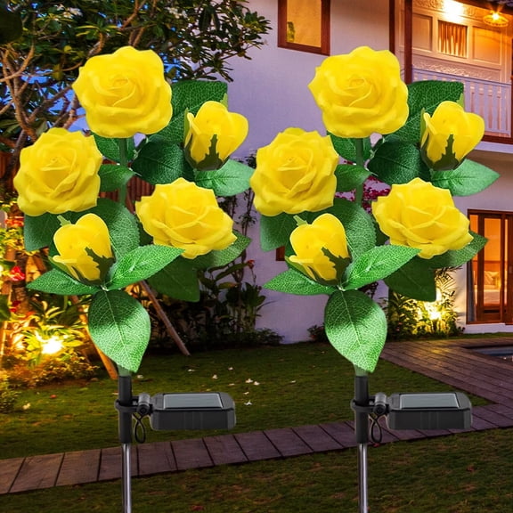 TiokMc Solar Rose Flower Lights Outdoor, 2 Pack 10 Bloom Waterproof LED Garden Stake Lights, Dusk to Dawn Solar Garden Decor for Yard Patio Pathway, Yellow