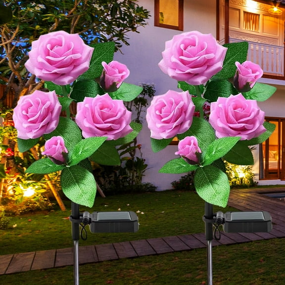 Solar Lights Outdoor Rose Flower, 2 Pack Solar Powered Garden Decorations with 10 Bigger Rose Flower, WaterproofLights for Garden Patio Yard Pathway Decoration (Pink Rose)