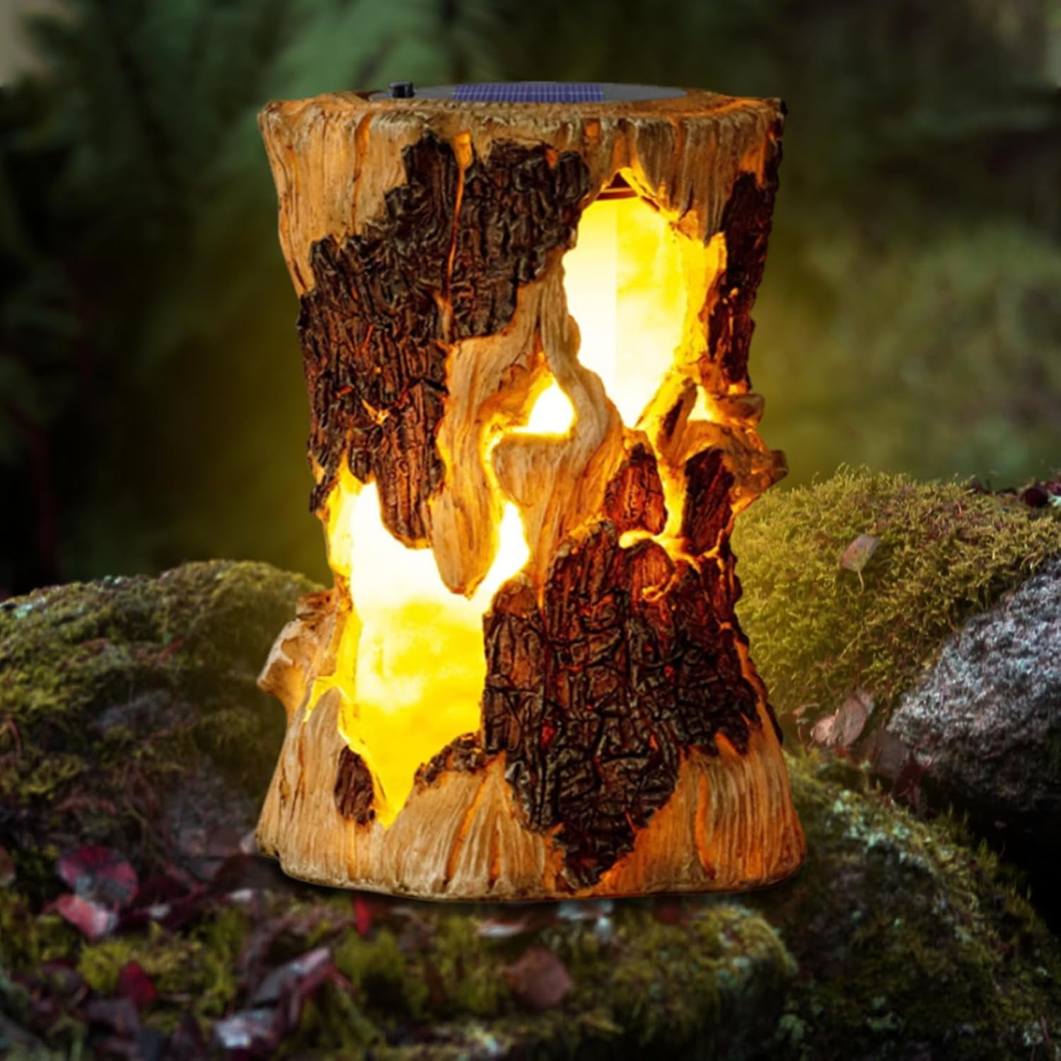 Solar Lights Outdoor, Simulated Stump Flickering Flame Lantern 