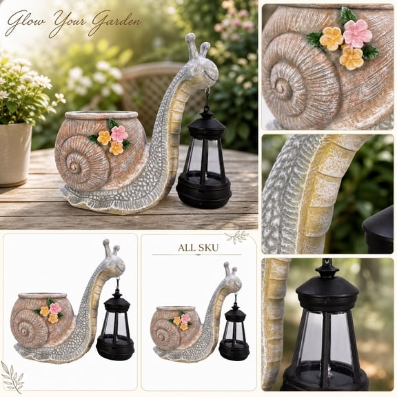 Solar Lights Outdoor Snail Planter Statue with LED, Waterproof Resin Garden Decor for Yard Patio, Unique Craft for Pathway Lawn Flower Bed Display B