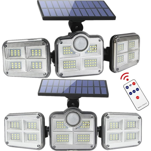 Solar Lights Outdoor,Solar Motion Sensor Outdoor Lights with Remote Control, 3 Heads lP65 Waterproof Solar Flood Security Lights for Outside Patio Wall -2PACK
