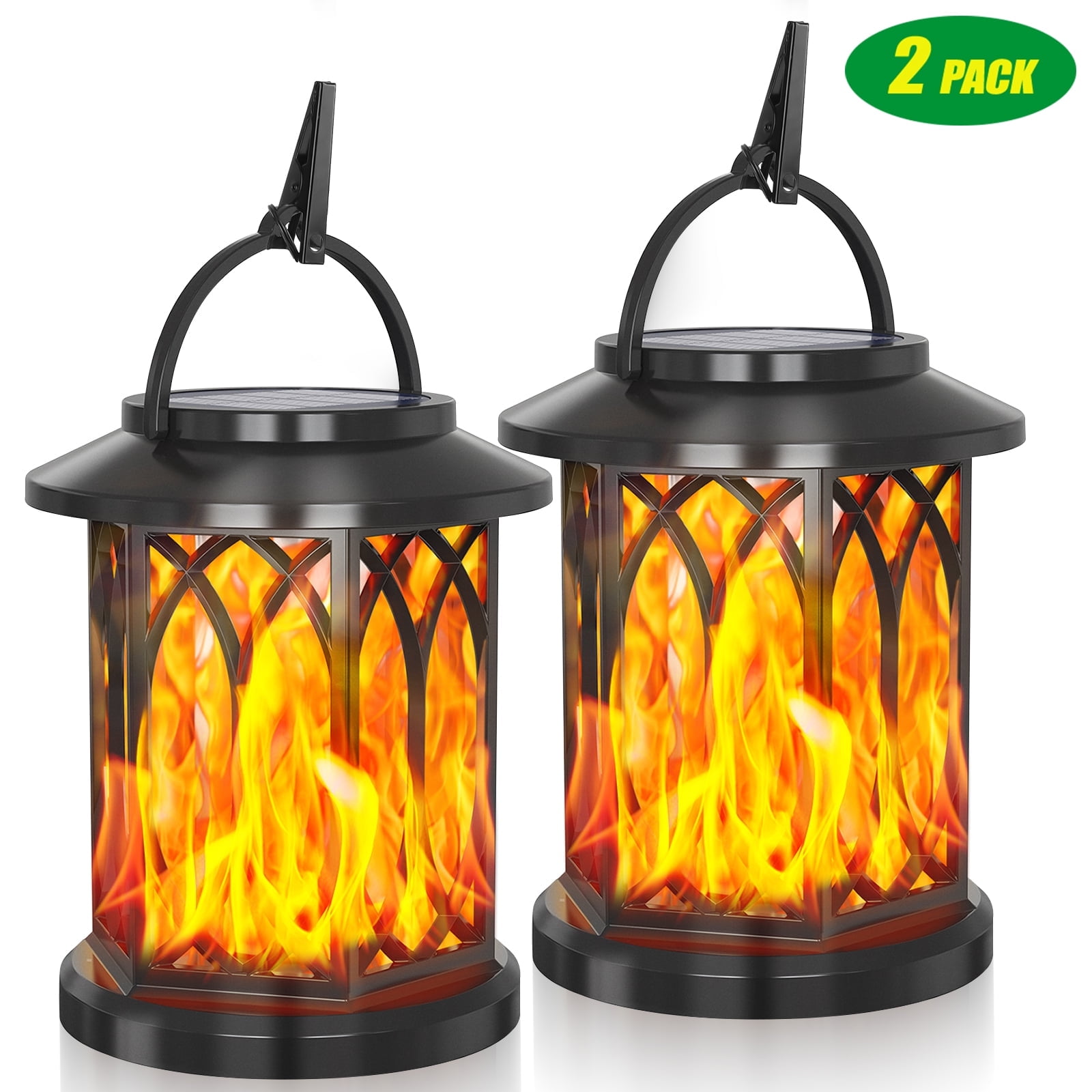 Black Metal LED Solar Lanterns with Flickering Flame Effect, 2 Pack
