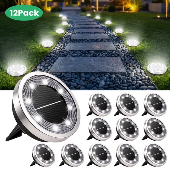 BLITZWILL 12 Pack Solar Ground Lights Outdoor, 8 LED Solar Flat Lights IP68 Waterproof Disc Light, Pathway Garden Lighting for Landscape Yard Walkway Driveway Lawn, Cool White