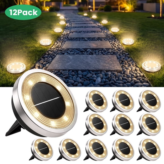 BLITZWILL 12 Pack Solar Ground Lights Outdoor, 8 LED Solar Flat Lights IP68 Waterproof Disc Light, Pathway Garden Lighting for Landscape Yard Walkway Driveway Lawn, Warm White