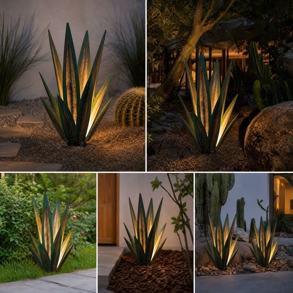 Solar Lights Outdoor Waterproof, 1.8ft Metal Artificial Agave Plant Solar Garden Lights, for Pathway Walkway Yard Lawn Decorative Landscape Lighting, Warm White (Green)