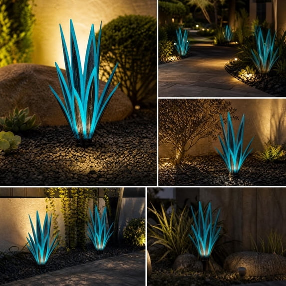 Solar Lights Outdoor Waterproof, 1.8ft Metal Artificial Agave Plant Solar Garden Lights, for Pathway Walkway Yard Lawn Decorative Landscape Lighting, Warm White (Blue)
