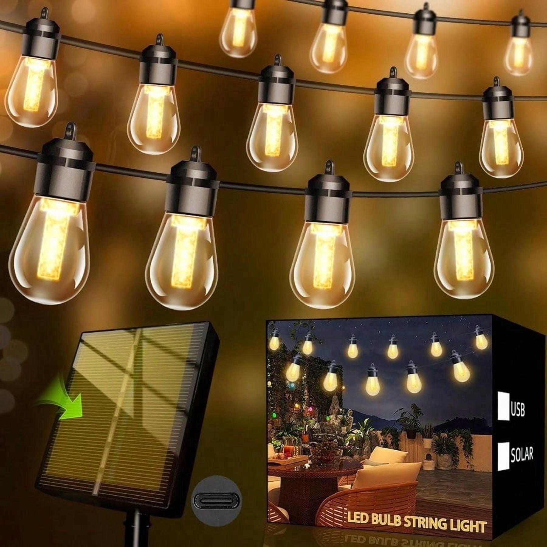 Solar Lights Outdoor Waterproof IP67with 15 LED Shatterproof Edison Bulbs,2500mAh Battery Solar/USB Powered,Indoor/Outside LED String Lights 34FT,Warm White 3000K LED Light Decor Patio Garden Camping