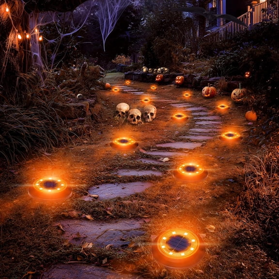 Solar Lights Outdoor Waterproof,Orange 12 Pack 2-in-1 Ground Lights | Halloween Lights Outdoor Solar Disk Light Landscape Light for Deck Step Patio Yard Pathway Walkway Driveway Garden