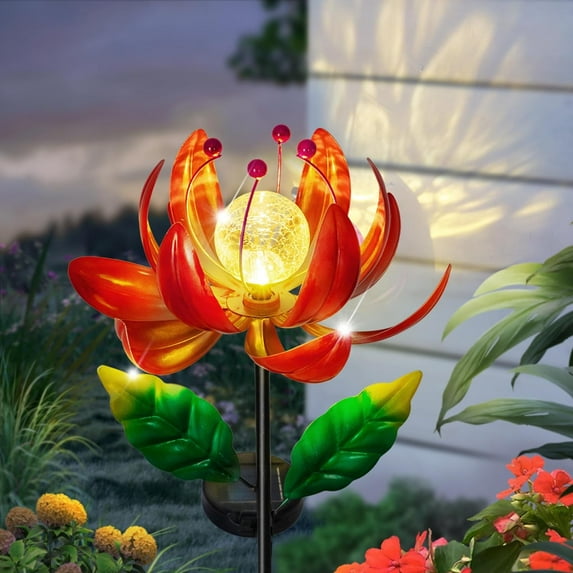 Waitmin Solar Lights Outdoor Wind Spinners, Red Metal Lotus Flower Garden Decor with Waterproof Crackle Glass Globe for Patio Lawn Yard