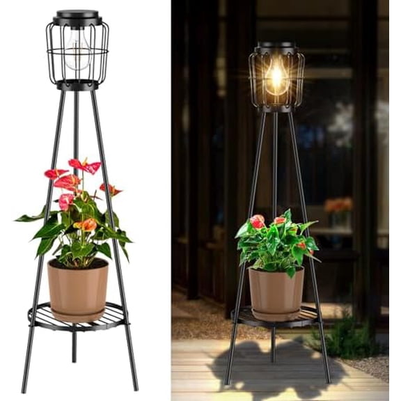 Solar Lights Outdoor with LED Edison Bulbs, Solar Floor Lamp with Plant Stands for Garden Yard Pathway Driveway Front/Back Porch Decoration