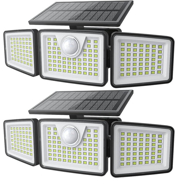 Solar Lights Outdoor with Motion Sensor, 3 Head Wide Angle Street Area Lights, IP65 Waterproof Security Lighting with 3 Modes (2 Pcs)